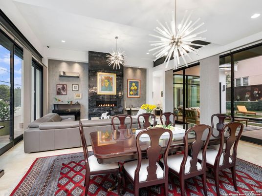 Dining room, Fireplace, Interior, Living room, Pendant Lights, Recessed Lighting