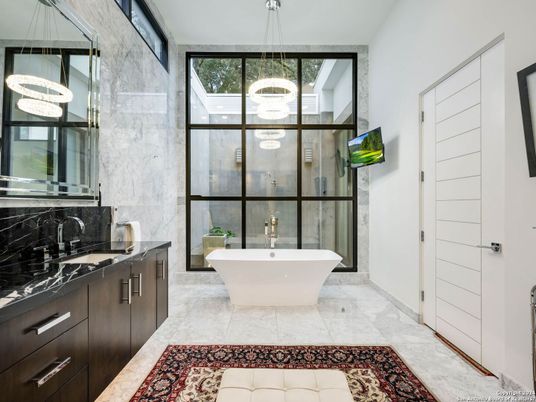 Bathroom, Free Standing Baths, Interior, Marble, Marble Walls, Pendant Lights