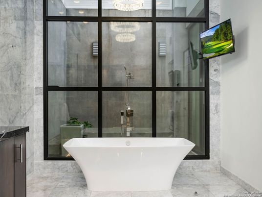 Bathroom, Free Standing Baths, Glass Shower, Interior, Marble, Marble Walls