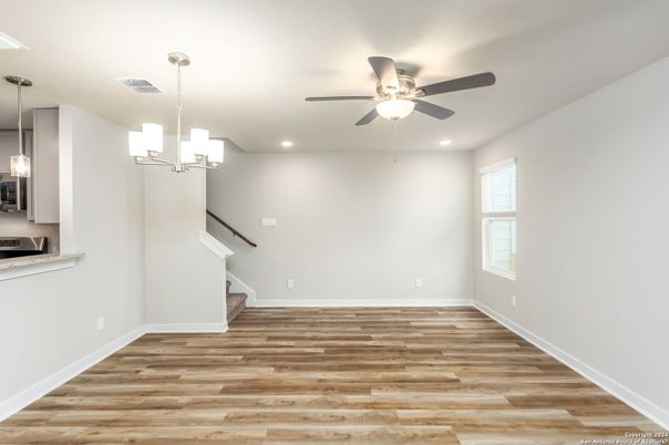Empty room, Interior, Pendant Lights, Recessed Lighting, Wood Texture Flooring