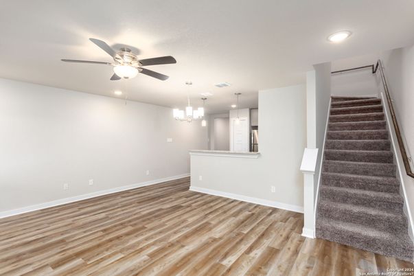 Empty room, Interior, Pendant Lights, Recessed Lighting, Wood Texture Flooring