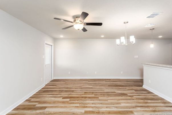 Empty room, Interior, Pendant Lights, Recessed Lighting, Wood Texture Flooring