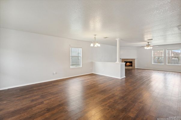 Chandelier, Empty room, Fireplace, Interior, Wood Texture Flooring