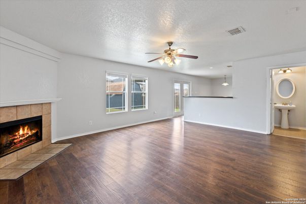 Empty room, Fireplace, Interior, Pendant Lights, Wood Texture Flooring