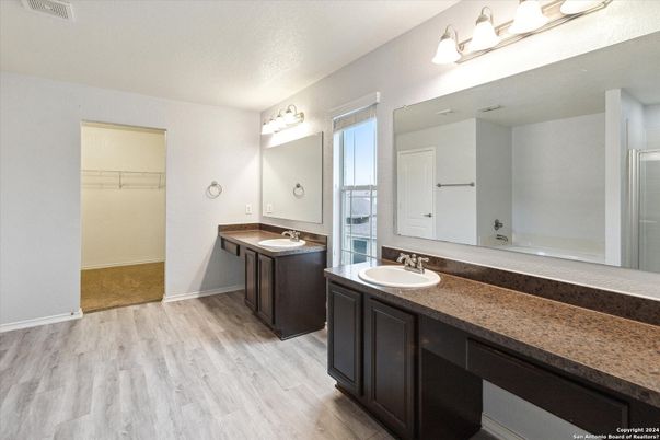 Bathroom, Dual Sink Vanities, Interior, Walk-in Closets, Wood Texture Flooring
