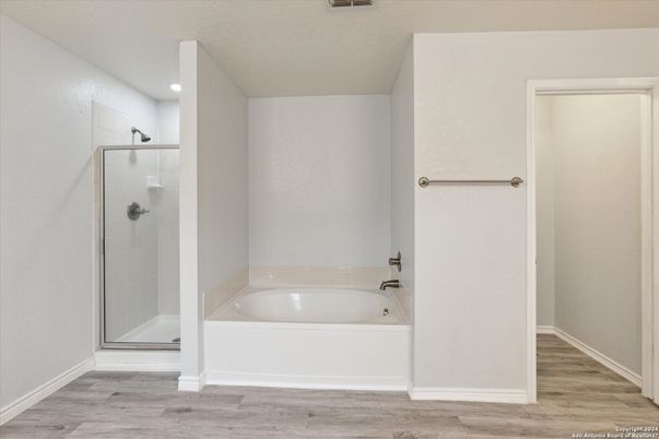 Bathroom, Glass Shower, Interior, Recessed Lighting, Wood Texture Flooring