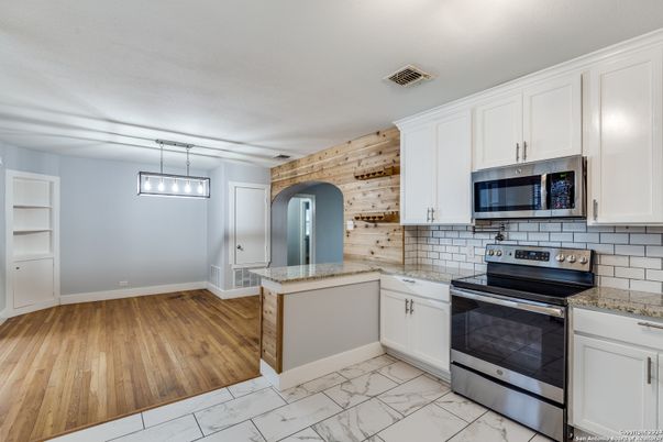 Interior, Kitchen, Marble, Pendant Lights, Wood Texture Flooring, Wooden Walls