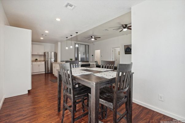 Dining room, Interior, Kitchen, Pendant Lights, Recessed Lighting, Wood Texture Flooring
