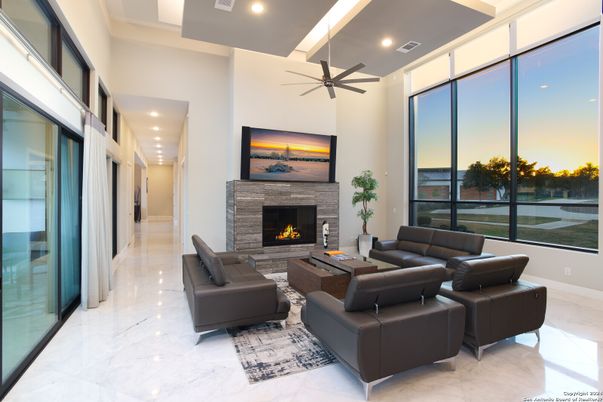 Fireplace, Interior, Living room, Marble, Recessed Lighting