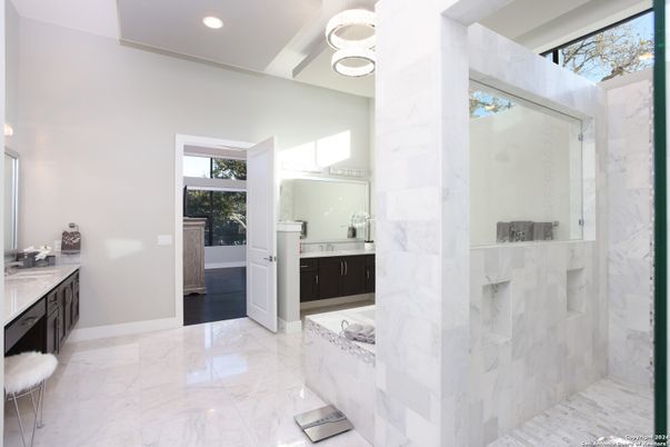 Bathroom, Glass Shower, Interior, Marble, Marble Walls, Pendant Lights, Recessed Lighting