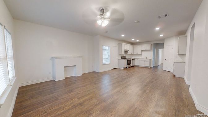 Empty room, Interior, Kitchen, Recessed Lighting, Wood Texture Flooring