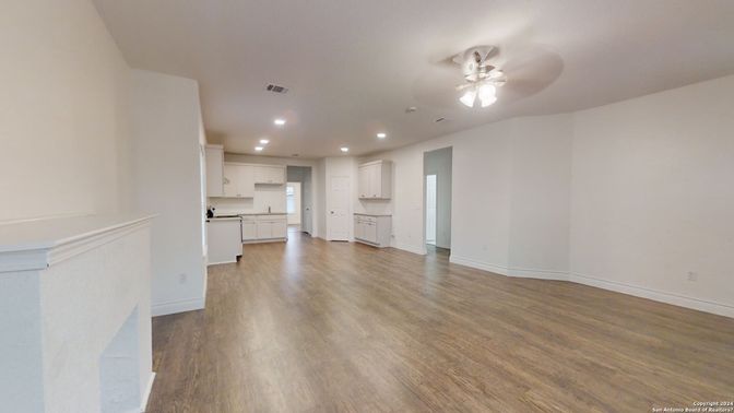Empty room, Interior, Kitchen, Recessed Lighting, Wood Texture Flooring