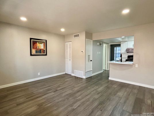 Empty room, Interior, Kitchen, Recessed Lighting, Wood Texture Flooring