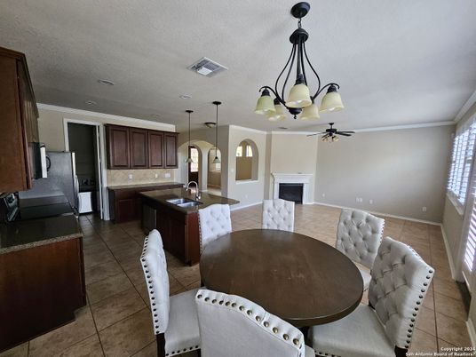 Dining room, Fireplace, Interior, Kitchen, Pendant Lights, Recessed Lighting