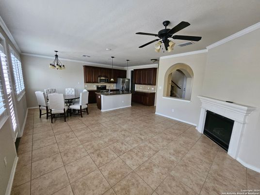 Dining room, Fireplace, Interior, Kitchen, Pendant Lights