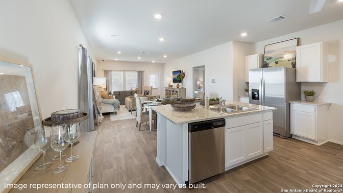 Dining room, Interior, Kitchen, Living room, Recessed Lighting, Stainless Steel Appliances, Wood Texture Flooring