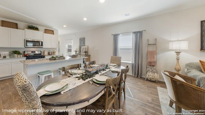Dining room, Interior, Kitchen, Recessed Lighting, Stainless Steel Appliances, Wood Texture Flooring