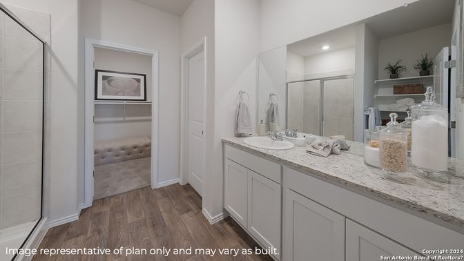 Bathroom, Dual Sink Vanities, Interior, Recessed Lighting, Wood Texture Flooring