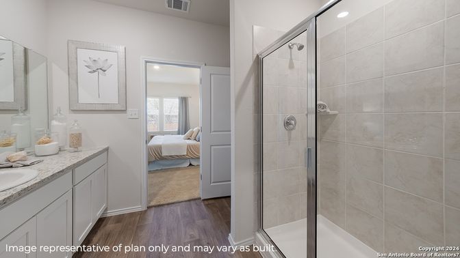 Bathroom, Bedroom, Glass Shower, Interior, Recessed Lighting, Wood Texture Flooring