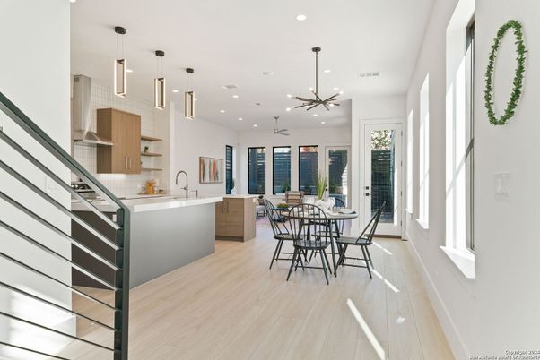 Dining room, Interior, Kitchen, Pendant Lights, Recessed Lighting, Wood Texture Flooring