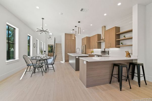 Dining room, Interior, Kitchen, Pendant Lights, Recessed Lighting, Wood Texture Flooring