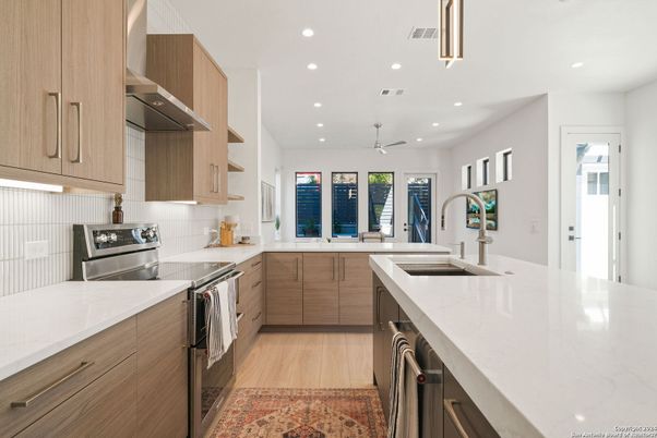 Interior, Kitchen, Recessed Lighting, Stainless Steel Appliances, Wood Texture Flooring