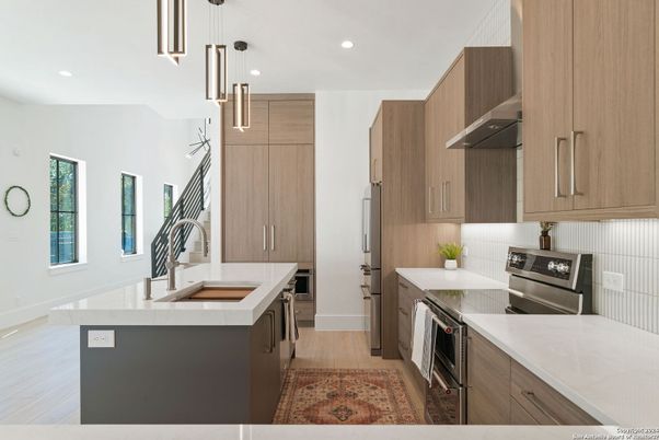 Interior, Kitchen, Pendant Lights, Recessed Lighting, Stainless Steel Appliances, Wood Texture Flooring