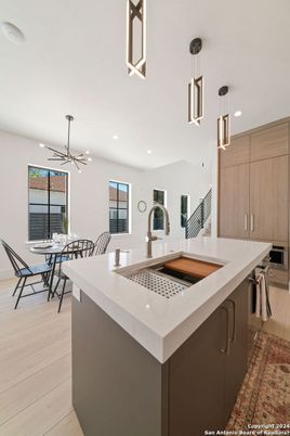 Dining room, Interior, Kitchen, Pendant Lights, Recessed Lighting, Wood Texture Flooring