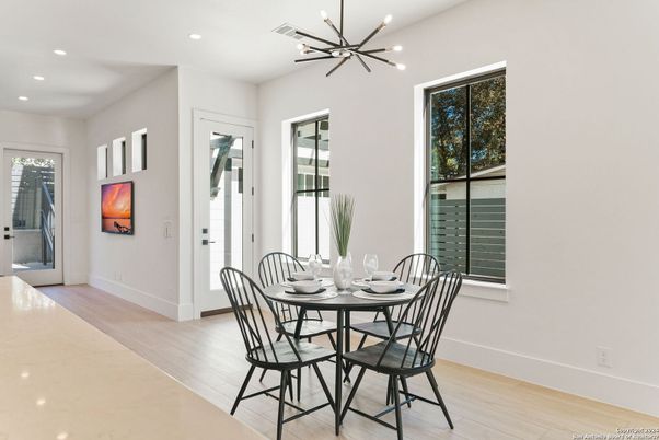 Dining room, Interior, Pendant Lights, Recessed Lighting, Wood Texture Flooring