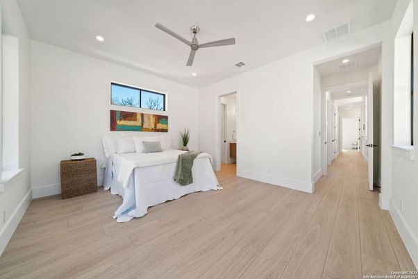 Bedroom, Interior, Recessed Lighting, Wood Texture Flooring
