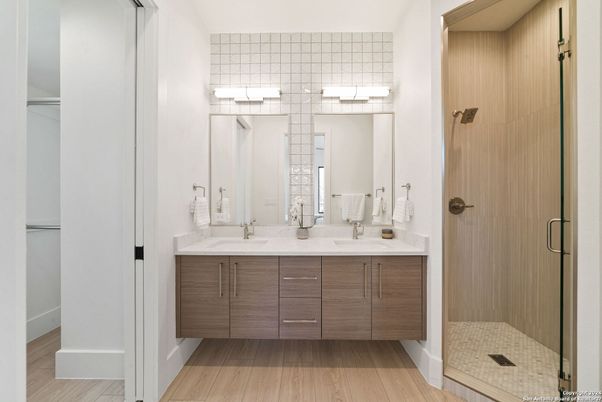 Bathroom, Dual Sink Vanities, Glass Shower, Interior, Wood Texture Flooring