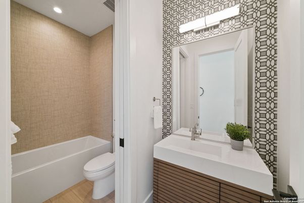 Bathroom, Interior, Recessed Lighting, Wood Texture Flooring