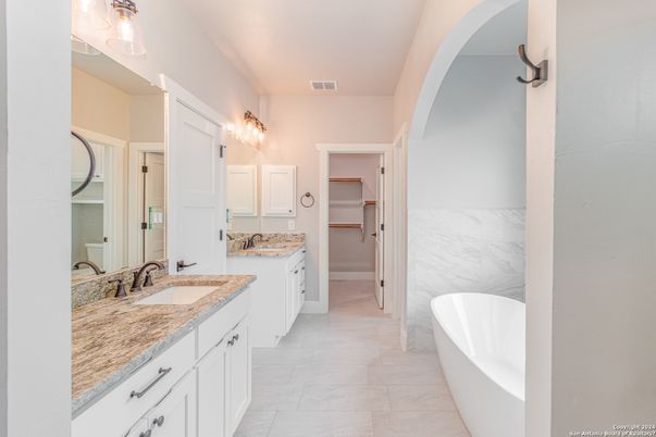 Bathroom, Dual Sink Vanities, Free Standing Baths, Interior, Marble, Marble Walls