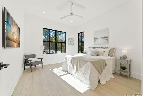 Bedroom, Interior, Recessed Lighting, Wood Texture Flooring