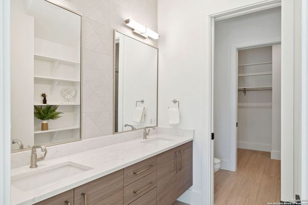Bathroom, Dual Sink Vanities, Interior, Walk-in Closets, Wood Texture Flooring