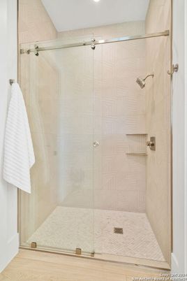 Bathroom, Glass Shower, Interior, Recessed Lighting, Wood Texture Flooring
