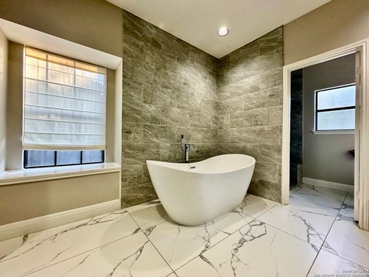 Bathroom, Free Standing Baths, Interior, Marble, Recessed Lighting, Stone Walls
