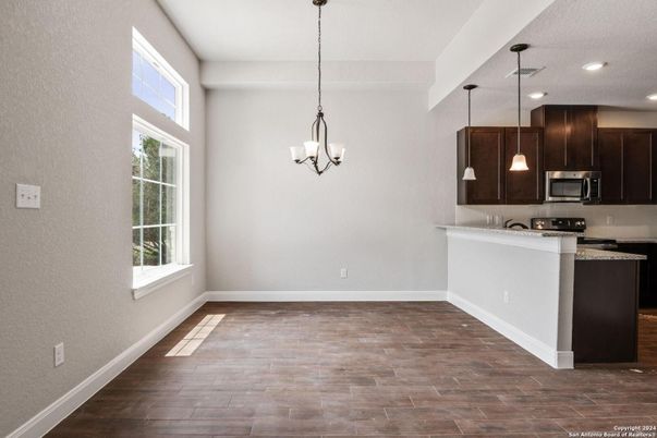 Chandelier, Empty room, Interior, Kitchen, Pendant Lights, Recessed Lighting, Wood Texture Flooring