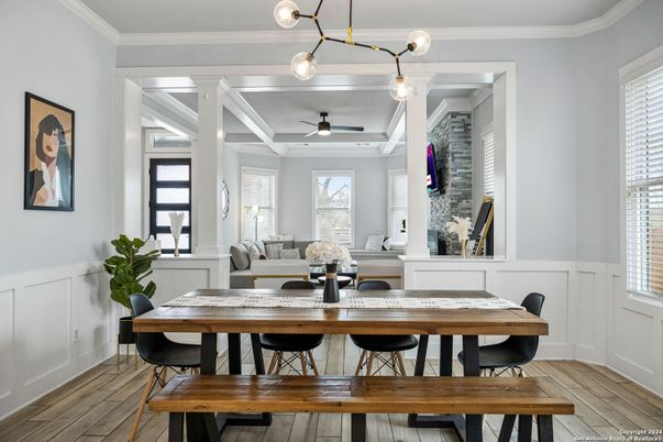 Dining room, Interior, Pendant Lights, Wood Texture Flooring