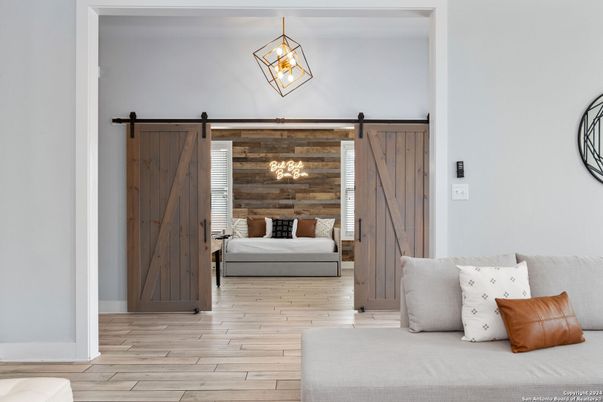 Bedroom, Interior, Pendant Lights, Wood Texture Flooring, Wooden Walls