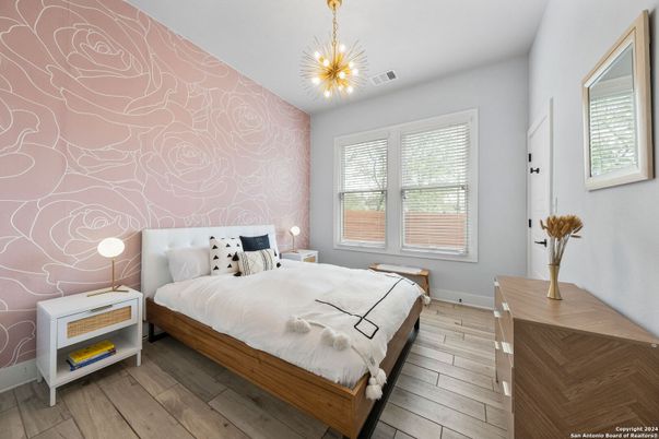Bedroom, Interior, Pendant Lights, Wood Texture Flooring