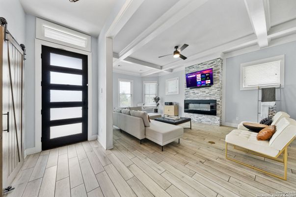 Fireplace, Interior, Living room, Stone Walls, Wood Texture Flooring