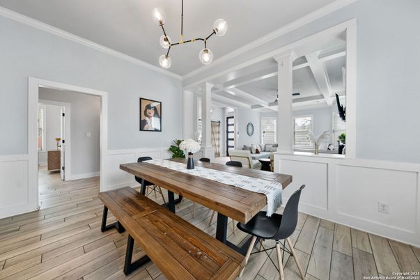 Dining room, Interior, Pendant Lights, Wood Texture Flooring