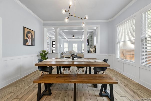 Dining room, Interior, Pendant Lights, Wood Texture Flooring