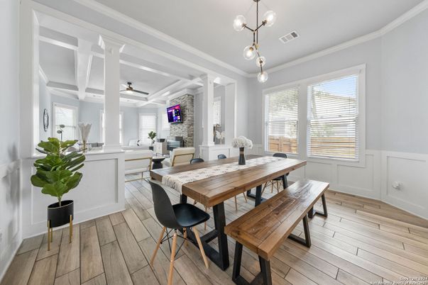 Dining room, Interior, Living room, Pendant Lights, Wood Texture Flooring