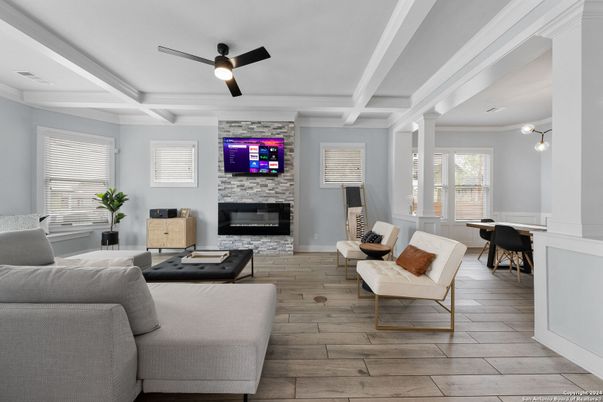 Dining room, Fireplace, Interior, Living room, Stone Walls, Wood Texture Flooring