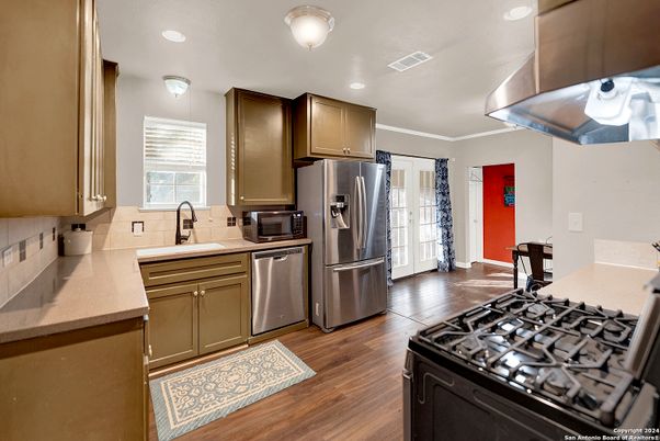 Interior, Kitchen, Recessed Lighting, Stainless Steel Appliances, Wood Texture Flooring