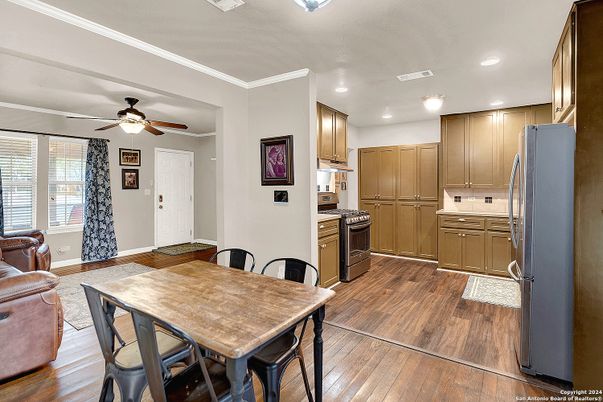 Dining room, Interior, Kitchen, Recessed Lighting, Wood Texture Flooring