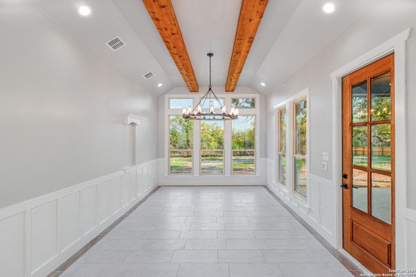 Chandelier, Empty room, Interior, Pendant Lights, Recessed Lighting, Wooden Beams