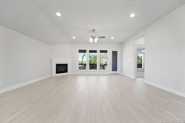Empty room, Fireplace, Interior, Recessed Lighting, Wood Texture Flooring